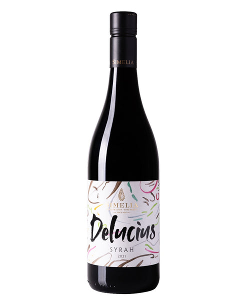 Wine bottle labeled 'Delucius Syrah' on a white background