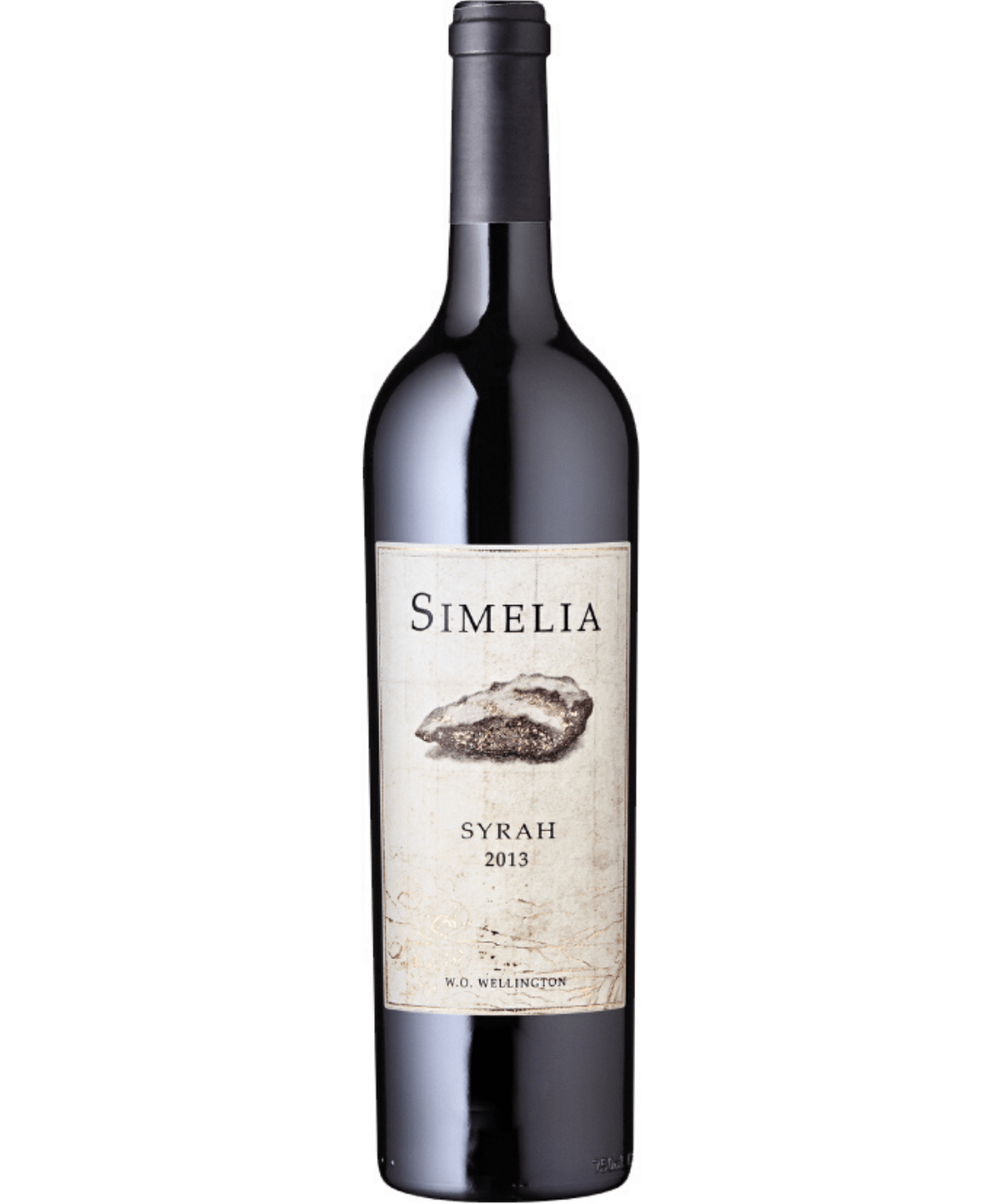Wine bottle with 'Simelia Syrah 2013' label on a white background
